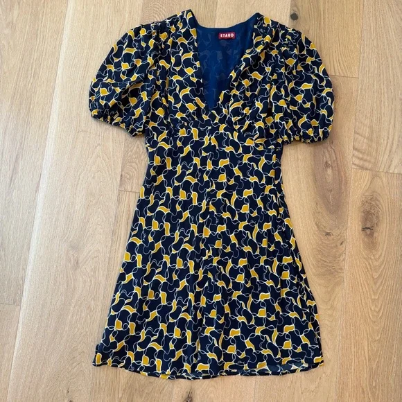STAUD Mini Milla Dress in navy yellow abstract print size 4 - Picture 3 of 9